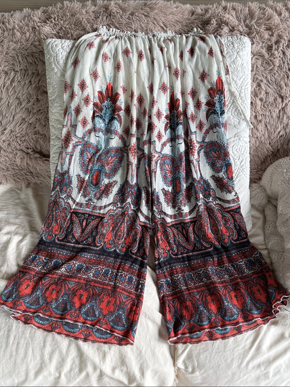 Boho Floral Wide-Leg Pants in Cream, Red & Blue Free People